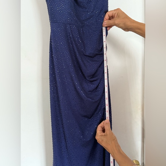 Elegant Navy Sparkle Cowl Neck Evening Dress - Picture 12 of 16